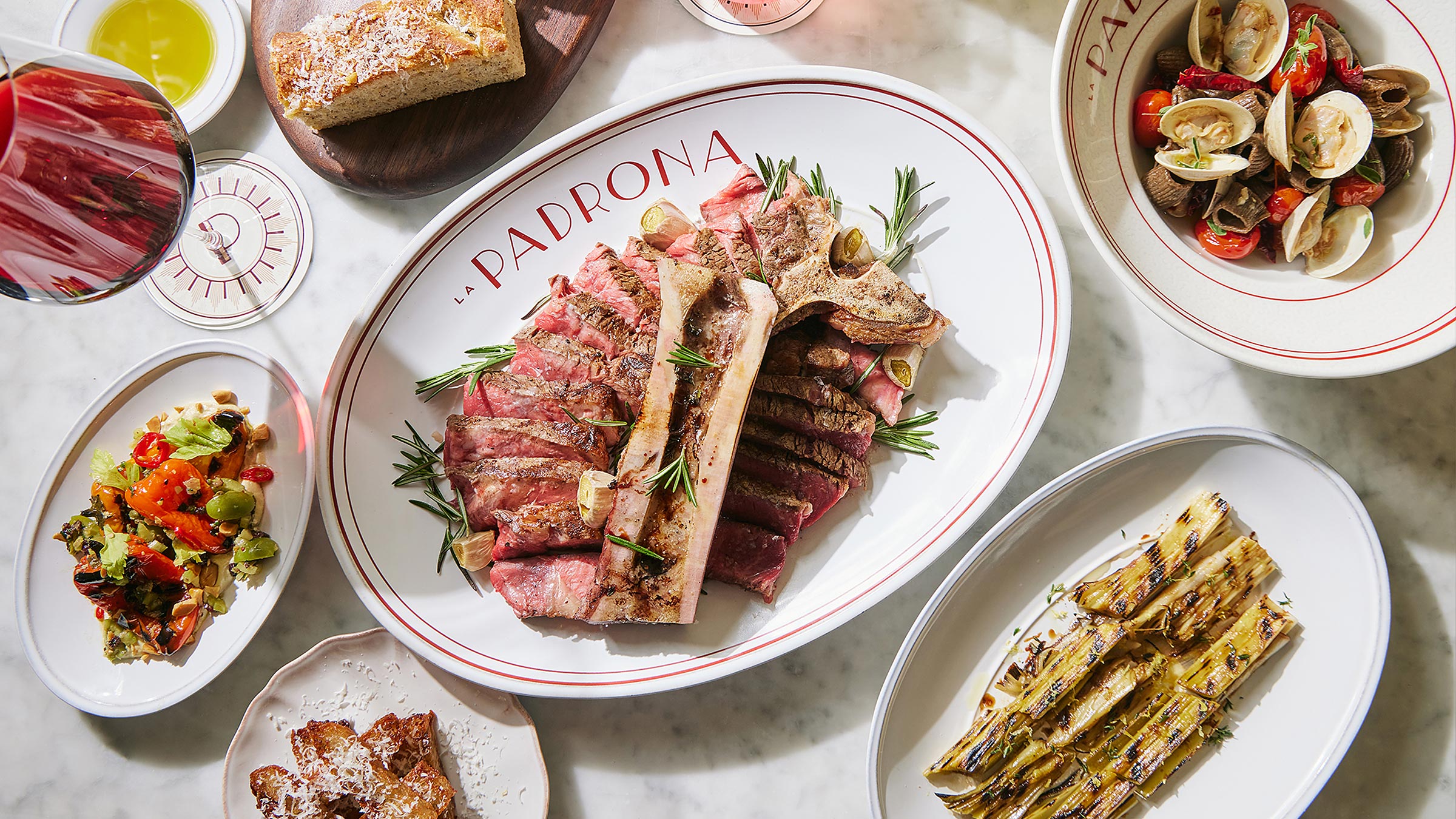 Overhead view of a table full of food at La Padrona