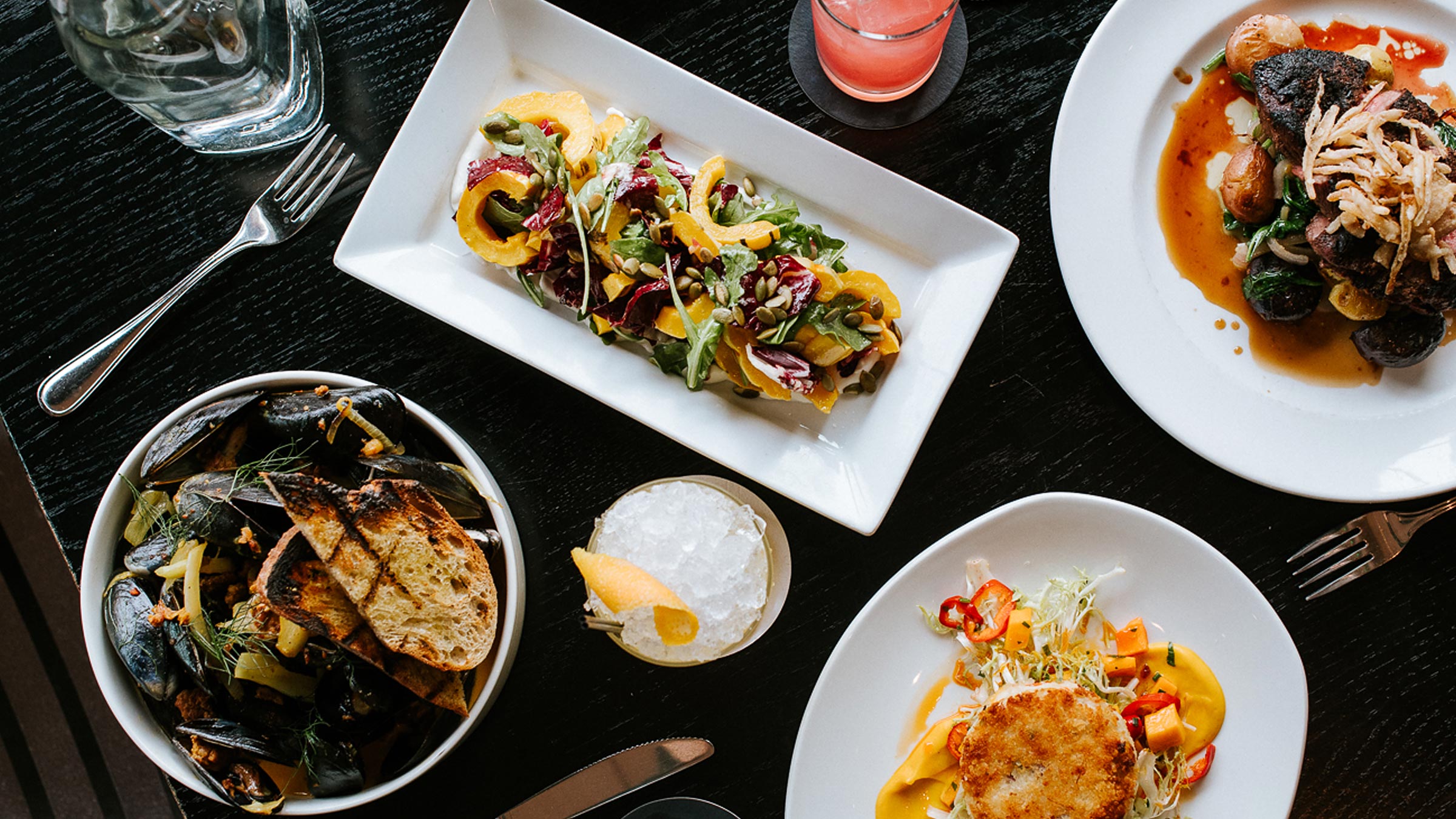 Overhead view of a table full of food at Row 34