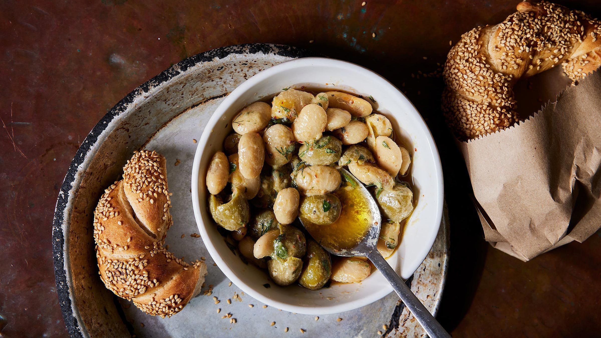 Overhead shot of bread and beans at Sofra