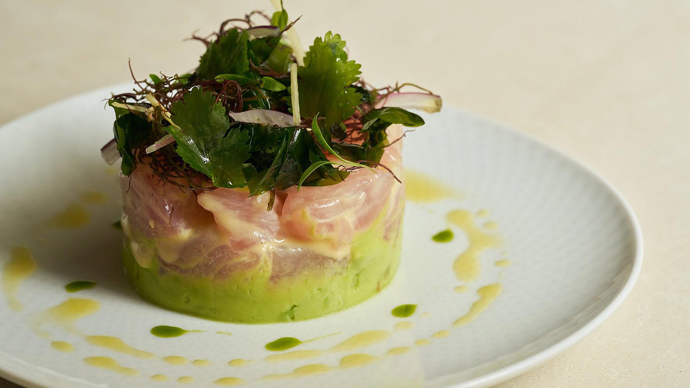 Overhead view of a plate of food at Sereia