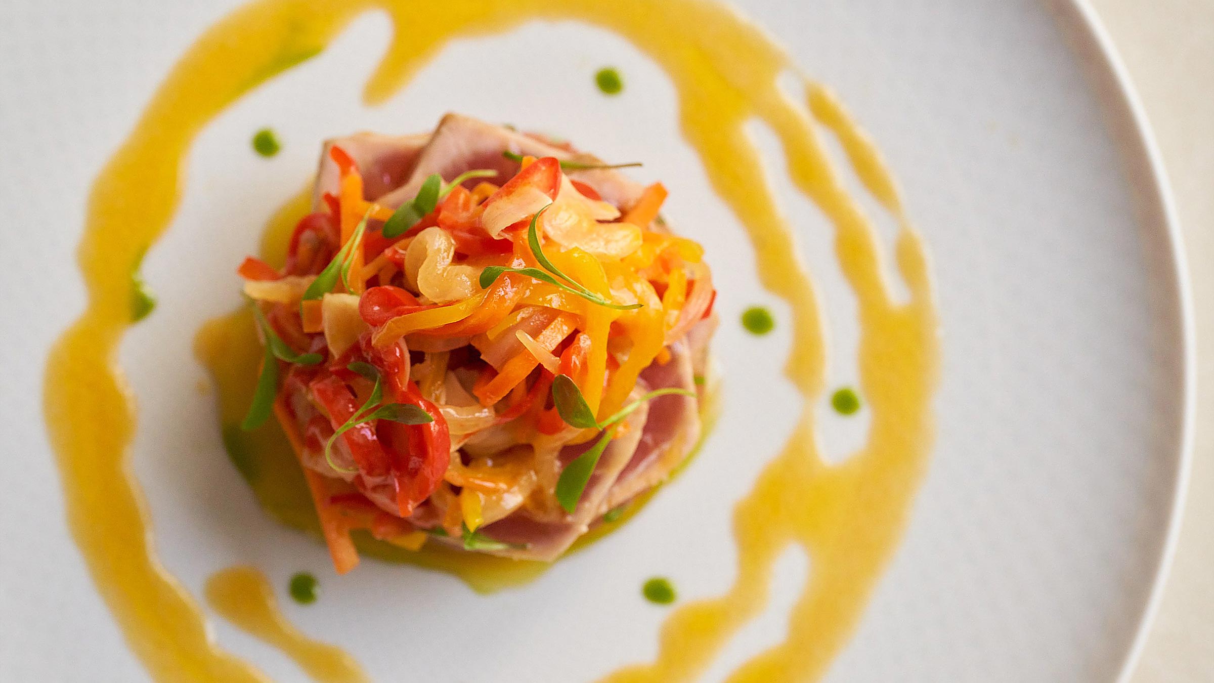 Overhead view of a plate of food at Sereia