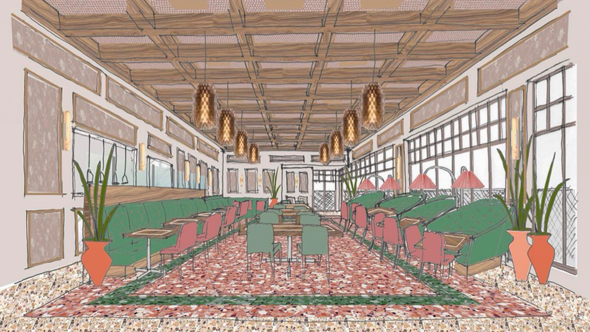 Drawing, interior of Sra Martinez restaurant